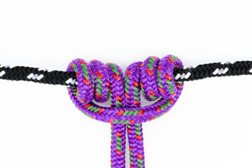 Prusik climbing knot on white background