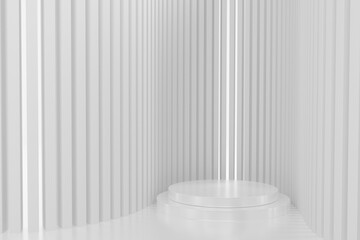 White round pedestal empty on minimal white background. 3D rendering podium for product demonstration.