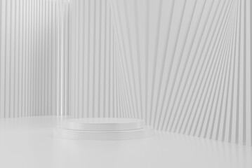 White round pedestal empty on minimal white background. 3D rendering podium for product demonstration.