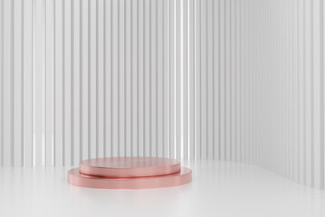 rose gold round pedestal empty on minimal white background. 3D rendering podium for product demonstration.