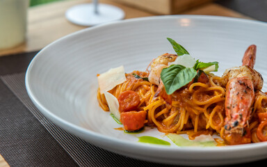 Shrimps Spaghetti With Spicy Paste Sauce 