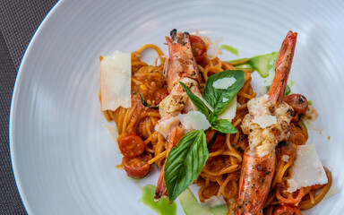 Shrimps Spaghetti With Spicy Paste Sauce 