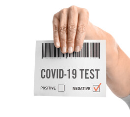 Hand of senior woman with negative covid-19 test result on white background