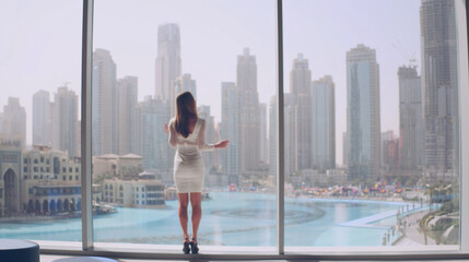 Businesswoman and large window in office building