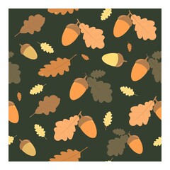 Seamless vector pattern with oak leaves and acorns. For paper, background, cover, page, cover. Autumn, colorful leaves on a dark background.