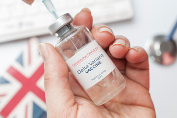 Doctor hold an hypothetical vial of Covid-19 vaccine to immunize from the delta variant