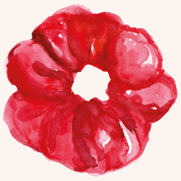Waterlolor vector scrunchie illustration. Red, hand drawn hair tie accessory on ecru white background artwork.