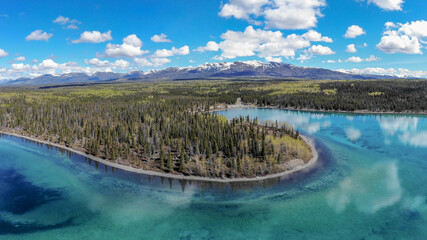 Aerial view of Kathleen Lake in northern Canada, Haines Junction, Yukon Territory on a perfect blue...
