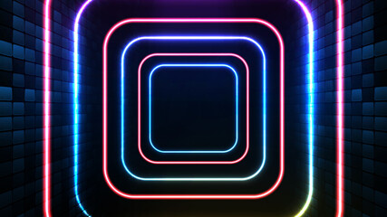 abstract futuristic background of blue neon square frame and lighting spotlgiht stage background