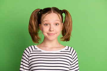 Photo of nice blond hairdo small girl wear striped sweater isolated on green color background