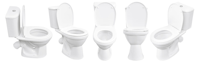 Toilet on white background. Close up of toilet. White toilet bowl isolated. Set of toilet bowls. - obrazy, fototapety, plakaty
