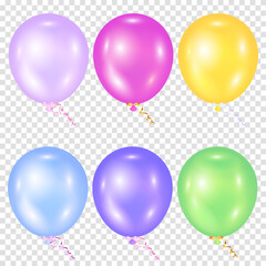 Set of realistic glossy multicolored balloons. Purple, pink, yellow, green, blue balls. Vector illustration on a transparent background.