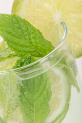 glass of cocktail drink with lemon slices and mint leaves