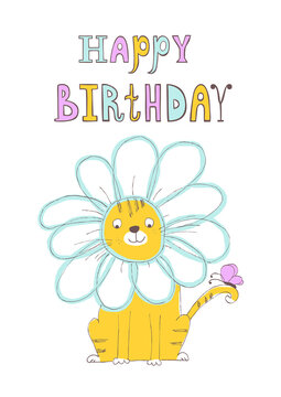 Creative birthday hand draw jpg print with the lettering "Happy birthday". Cheerful cat in a funny suit. Flower. Butterfly. Gift design template for children souvenir, card