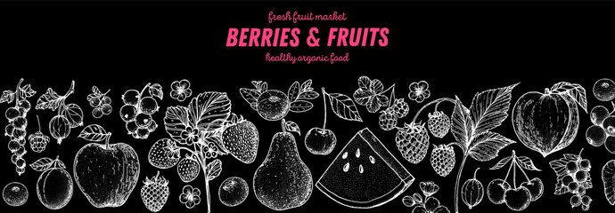 Berries and fruits drawing collection. Sketch style. Hand drawn vector illustration. Food design template with berry and fruit for packaging and more. Organic healthy food.