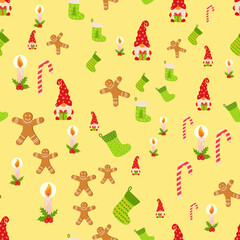 Seamless Christmas pattern with gnome, gingerbread, candle, stocking, candy cane. Wrapping paper
