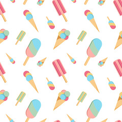 Vector seamless pattern with different types of ice cream in flat style on white background. Gelato,popsicle, sundae,ice cream cone for summer texture,fabrics,textile,wrapping paper,decoration,print