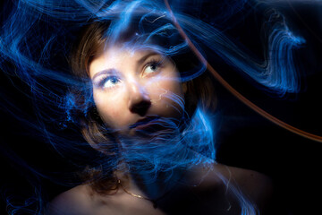 lightpainting portrait, new art direction, long exposure photo without photoshop, light drawing at long exposure	
