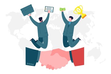 Business concept. Businessmen and partners rejoice in success and profits thanks to a successful deal. Teamwork, coworking, collaboration and business partnership.