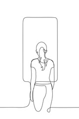 woman stands in front of huge smartphone silhouette - one line drawing. woman stands with her back to the viewer and looks at the blank screen of the phone