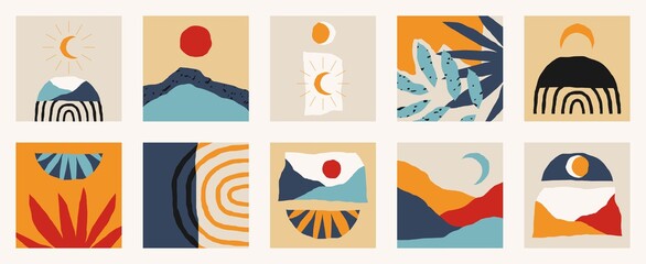 Trendy social media set of ten abstract backgrounds with abstract organic shapes composition in contemporary collage minimal style.