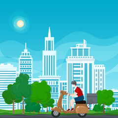 Young guy in protective face mask with thermal bag for food delivery rides a brown scooter on a summer background of colorful trees and cities, online delivery service and stay home concept