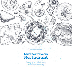 Mediterranean cuisine top view. A set of mediterranean dishes. Food menu design template. Vintage hand drawn sketch. Vector illustration. Food collection.