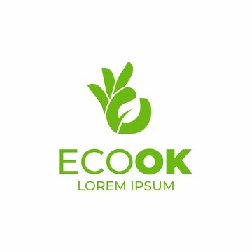 Eco ok logo design. Ok for the ecology symbol. Hand and leaf sign. Eco ok icon. Environment friendly. Sustainable. Green.