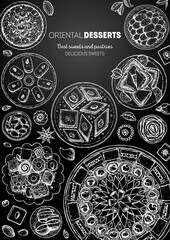 Oriental sweets vector illustration. Middle eastern food, hand drawn sketch. Linear graphic. Food menu background. Engraved style design template.