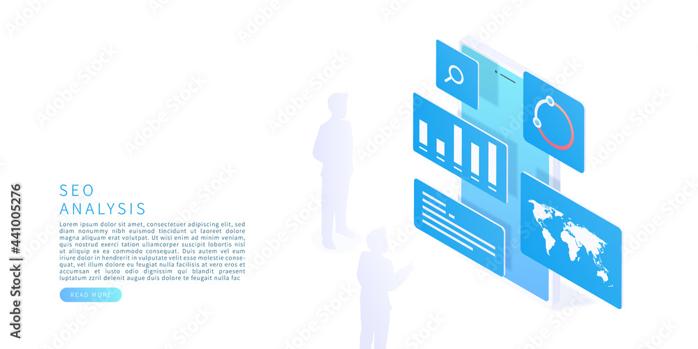 Poster seo analysis concept in isometric vector illustration. digital marketing and seo data analytics. vec