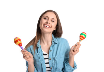 Happy young Mexican woman with maracas on white background - Powered by Adobe