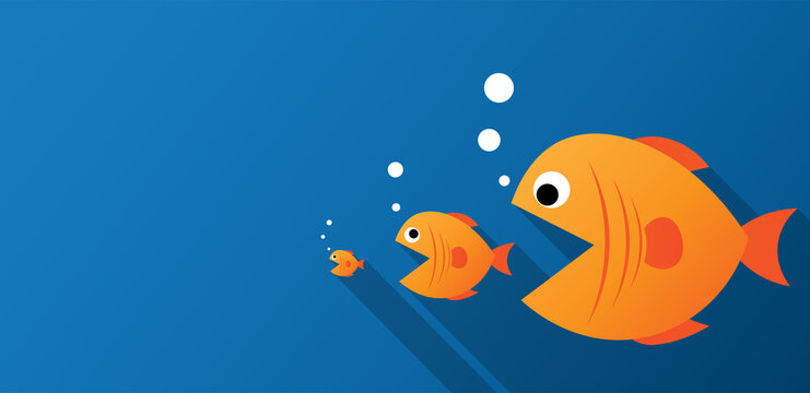 Big fish eat small fish on blue background. Feeding cycle. Management business concepts. Vector illustration flat design. Copy-space for text.