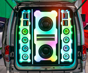 colorful lights of stereo and speakers in car in the night