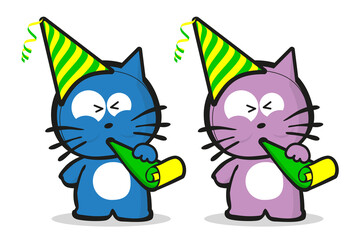 Two kitten characters partying with party hat and blowing on party whistles. Vector illustration on white background