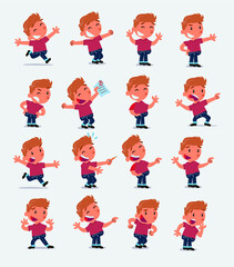 Cartoon character white little boy. Set with different postures, attitudes and poses, doing different activities in isolated vector illustrations