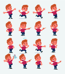 Cartoon character white little boy. Set with different postures, attitudes and poses, doing different activities in isolated vector illustrations