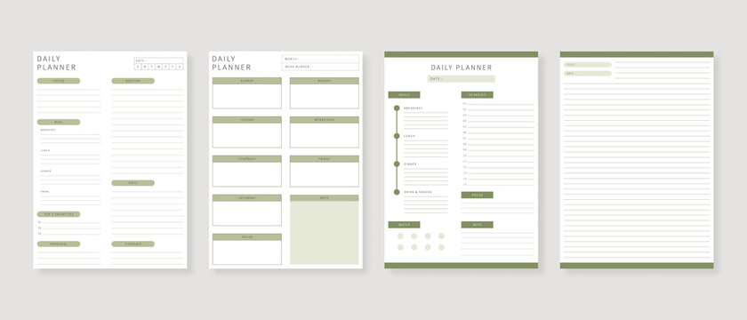 Modern planner template set. Set of planner and to do list. Monthly, weekly, daily planner template. Vector illustration.