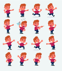 Cartoon character white little boy. Set with different postures, attitudes and poses, doing different activities in isolated vector illustrations
