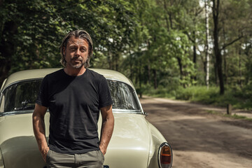 Man in a black t-shirt standing by a classic car on a forest dirt road.