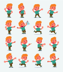 Obraz na płótnie Canvas Cartoon character white little boy. Set with different postures, attitudes and poses, doing different activities in isolated vector illustrations