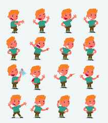 Cartoon character white little boy. Set with different postures, attitudes and poses, doing different activities in isolated vector illustrations