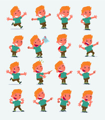 Cartoon character white little boy. Set with different postures, attitudes and poses, doing different activities in isolated vector illustrations