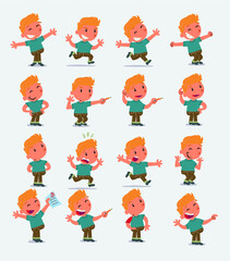 Cartoon character white little boy. Set with different postures, attitudes and poses, doing different activities in isolated vector illustrations