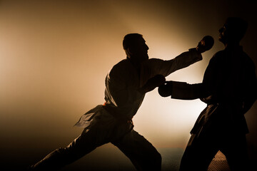 The karate guy in white kimono and red belt training karate