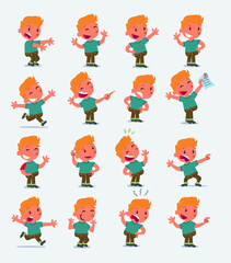 Cartoon character white little boy. Set with different postures, attitudes and poses, doing different activities in isolated vector illustrations