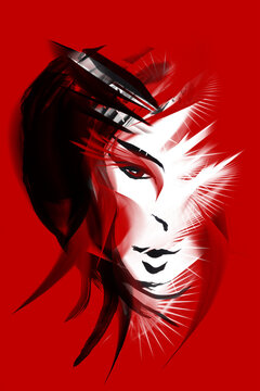 Abstract Ink Painted Illustration Of Japanise Geisha Face On Red Background.