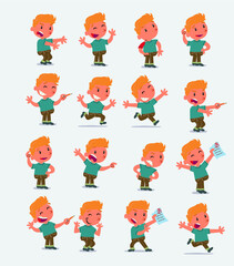 Cartoon character white little boy. Set with different postures, attitudes and poses, doing different activities in isolated vector illustrations