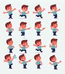 Cartoon character white little boy. Set with different postures, attitudes and poses, doing different activities in isolated vector illustrations