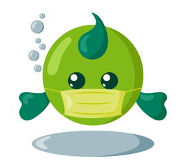 Funny cute kawaii fish with round body and protective medical face mask in flat design with shadows. Isolated animal vector illustration	