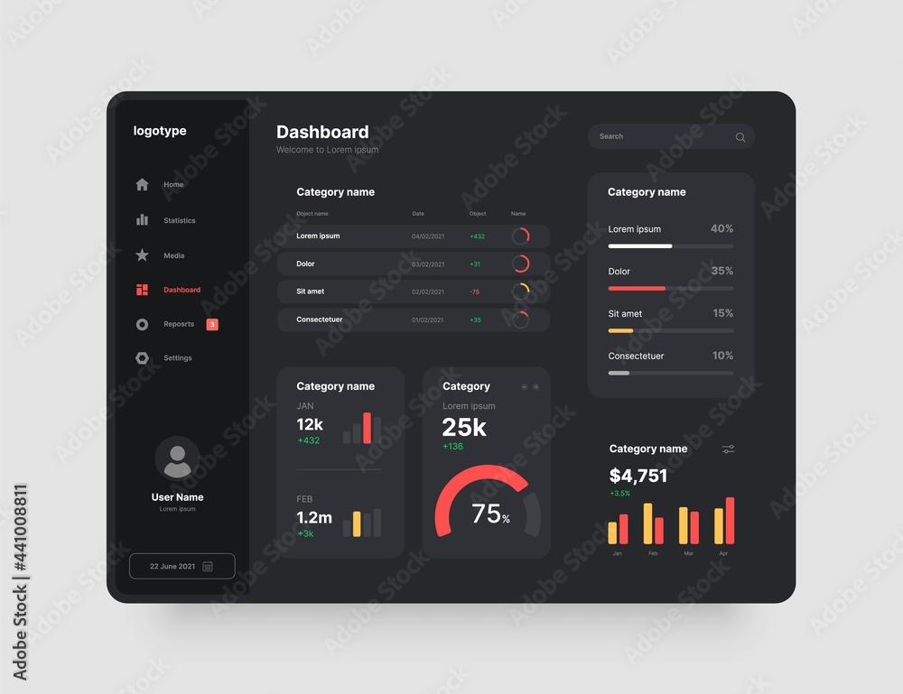 Fototapete Dashboard design in dark colors. App interface with UI and UX elements. Use design for web application, desktop app or website.
